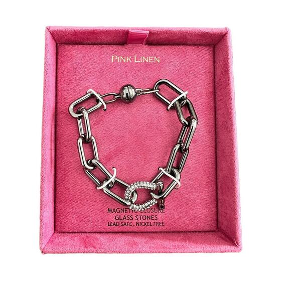 NEW PINK LINEN Bracelet Gun Metal Gray Glass Magnetic Closure Jewelry 7" W/ BOX - Picture 1 of 5